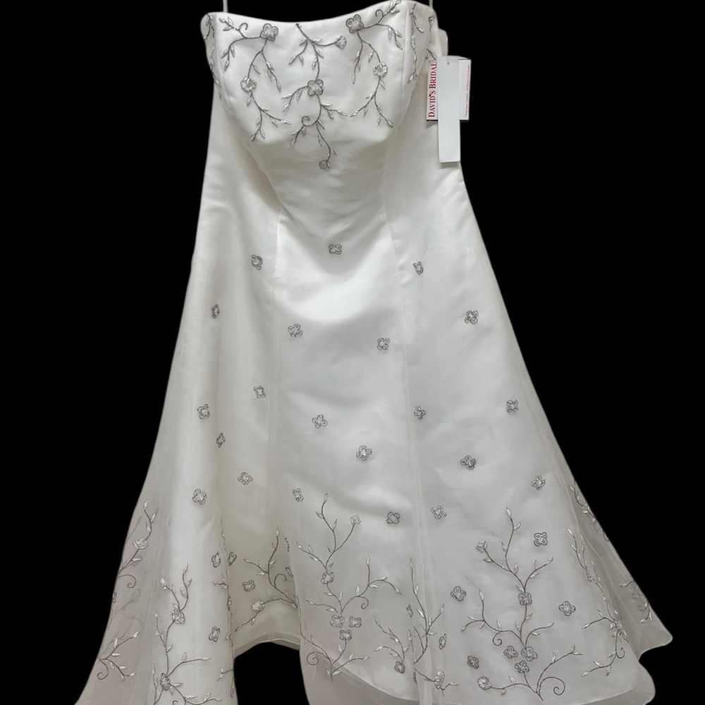 David’s Bridal White Floral Embellished Strapless Dress